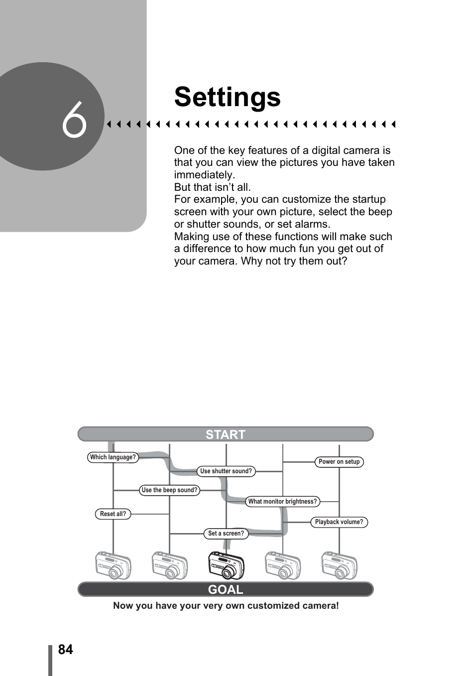 6 settings, Settings, P. 84 | Olympus Stylus 800 Digital User Manual | Page 84 / 166