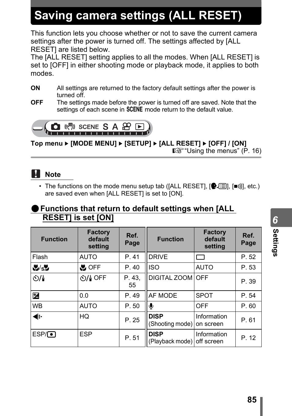 Saving camera settings (all reset) | Olympus Stylus 800 Digital User Manual | Page 85 / 166