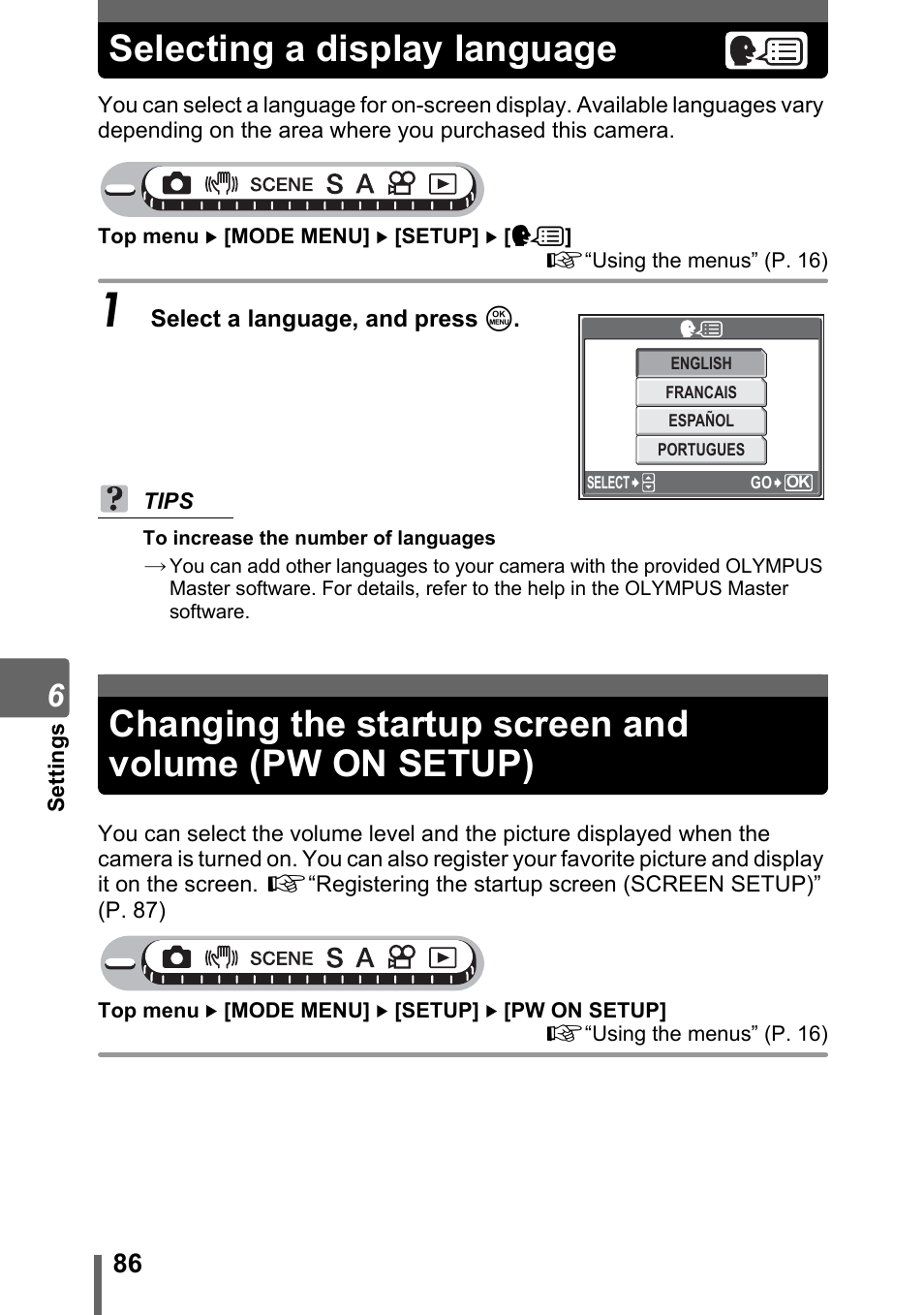 Selecting a display language, G“selecting a display language, P. 86) | Olympus Stylus 800 Digital User Manual | Page 86 / 166