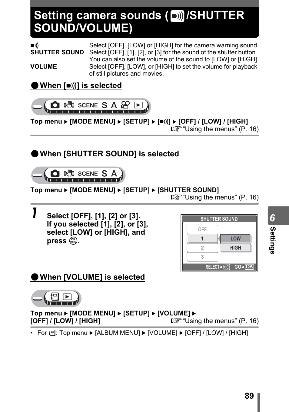 Setting camera sounds, Shutter sound/volume), P. 89 | Setting camera sounds ( /shutter sound/volume) | Olympus Stylus 800 Digital User Manual | Page 89 / 166