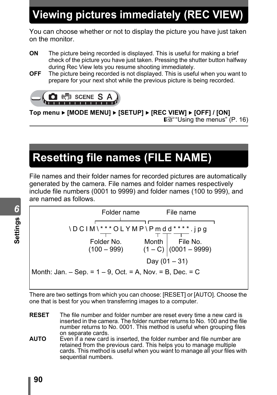 Viewing pictures immediately (rec view), Resetting file names (file name) | Olympus Stylus 800 Digital User Manual | Page 90 / 166