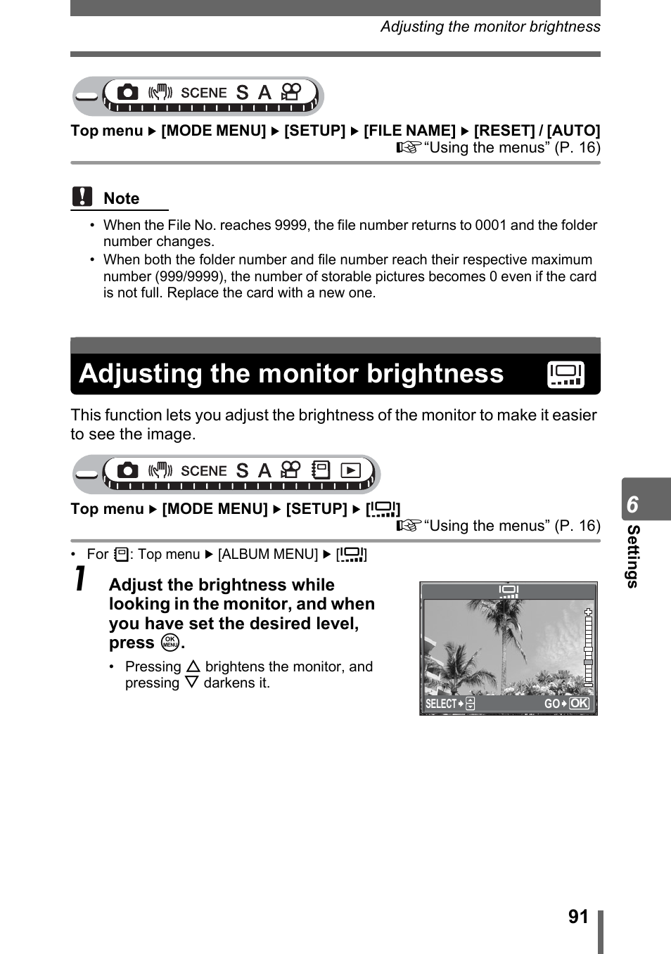 Adjusting the monitor brightness, P. 91 | Olympus Stylus 800 Digital User Manual | Page 91 / 166