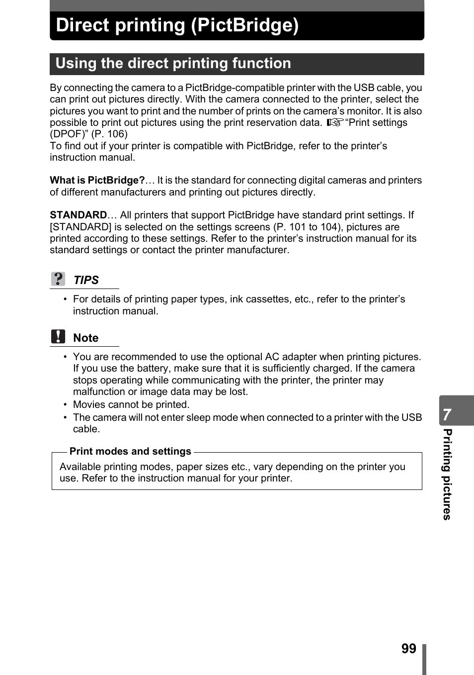 Direct printing (pictbridge), Using the direct printing function | Olympus Stylus 800 Digital User Manual | Page 99 / 166
