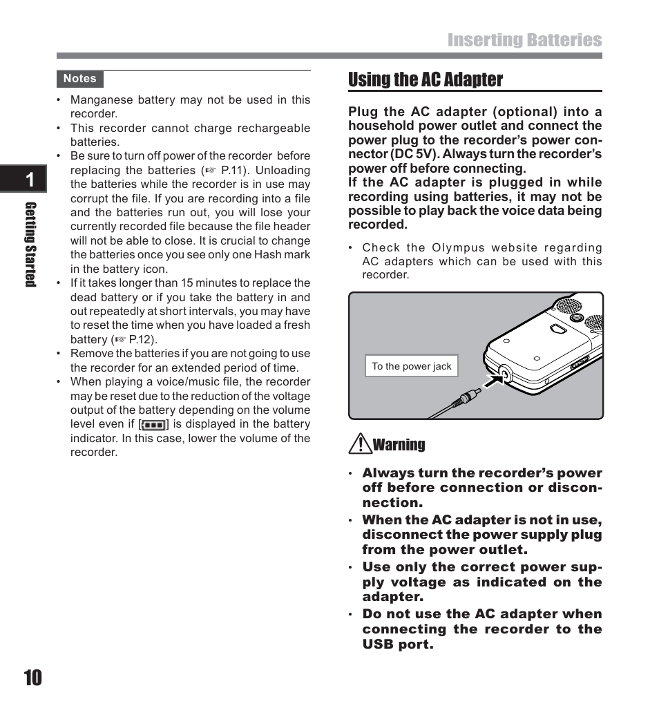 Using the ac adapter, Inserting batteries | Olympus LS-10 User Manual | Page 10 / 71