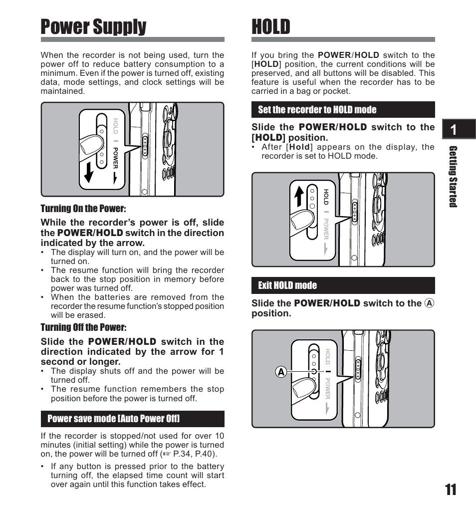 Power supply, Hold | Olympus LS-10 User Manual | Page 11 / 71