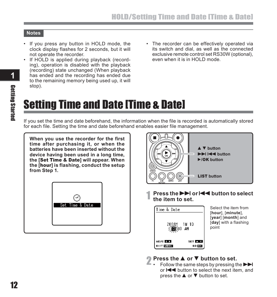 Setting time and date [time & date, Hold/setting time and date [time & date | Olympus LS-10 User Manual | Page 12 / 71