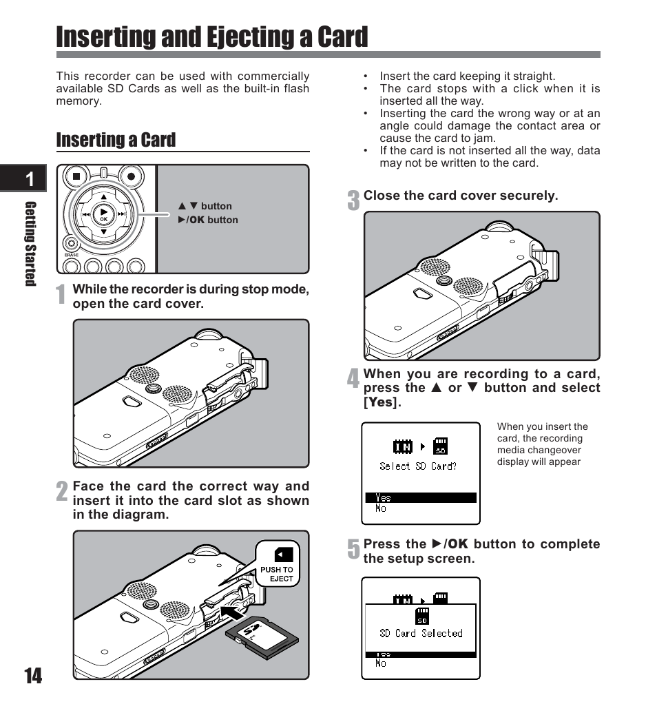 Inserting and ejecting a card, Inserting a card | Olympus LS-10 User Manual | Page 14 / 71