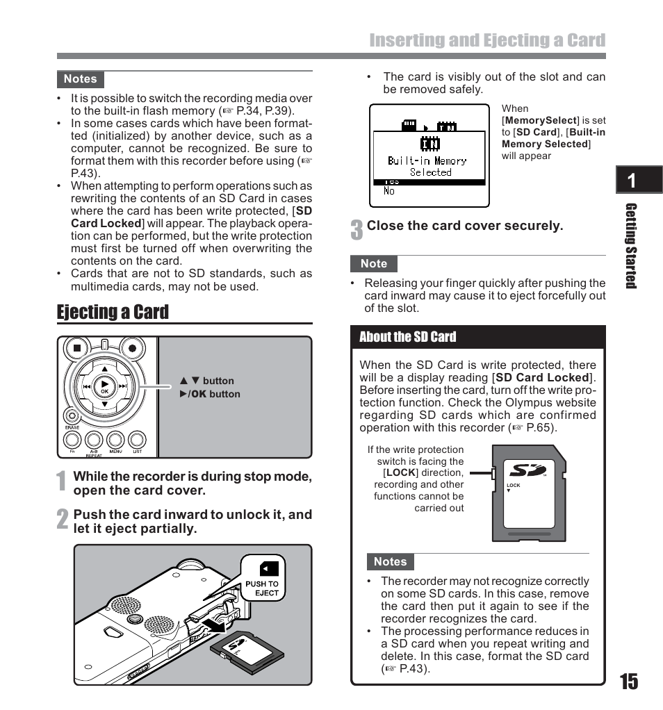 Ejecting a card, Inserting and ejecting a card | Olympus LS-10 User Manual | Page 15 / 71