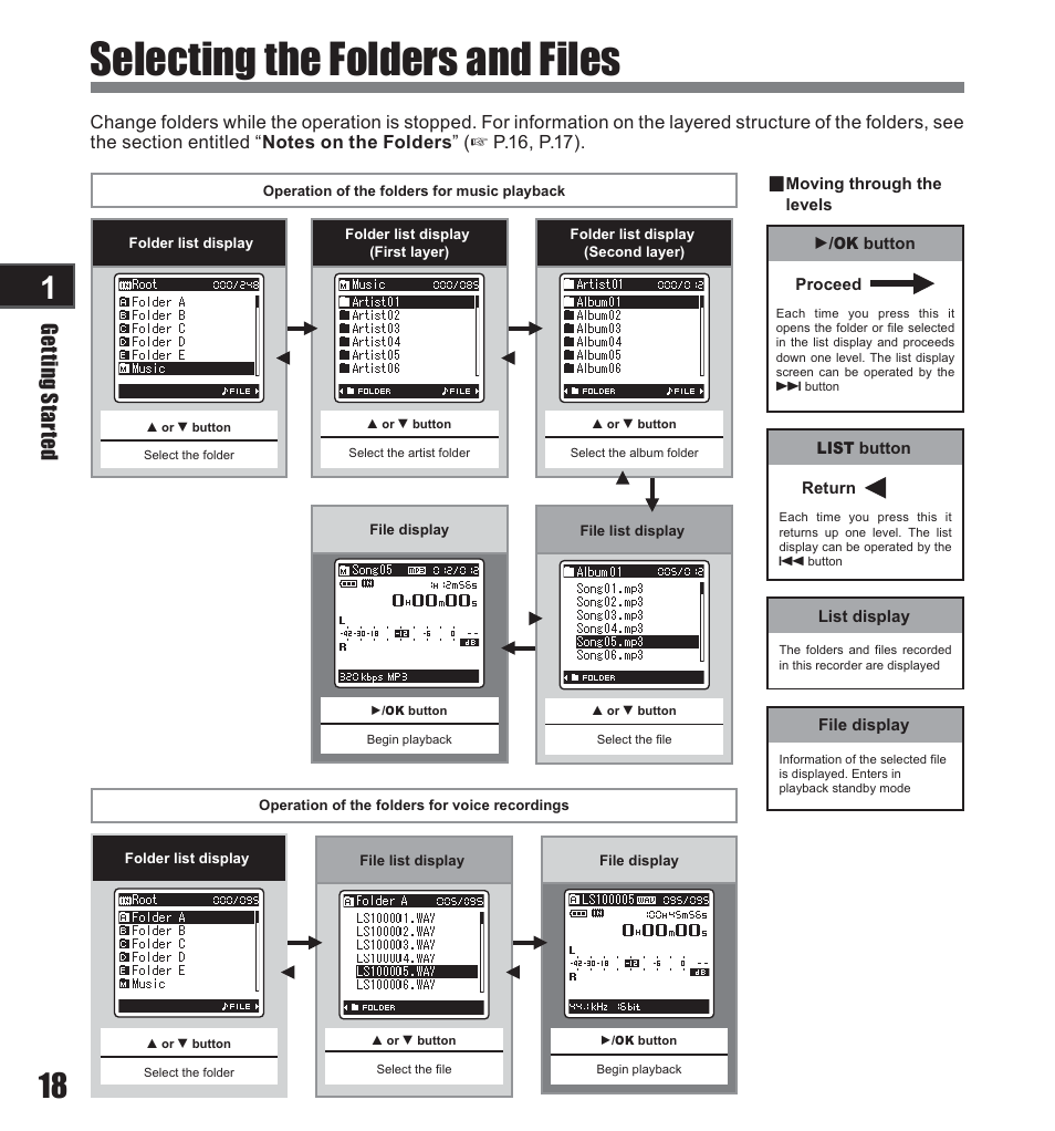 Selecting the folders and files, Ge tti ng s ta rte d | Olympus LS-10 User Manual | Page 18 / 71