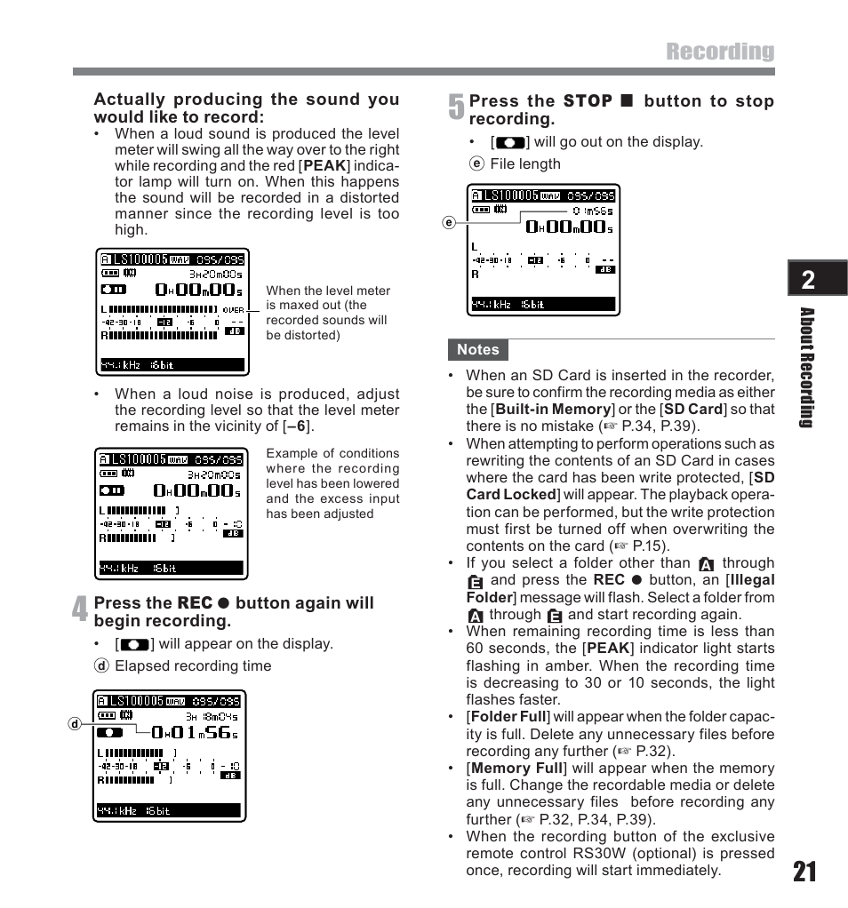Recording | Olympus LS-10 User Manual | Page 21 / 71