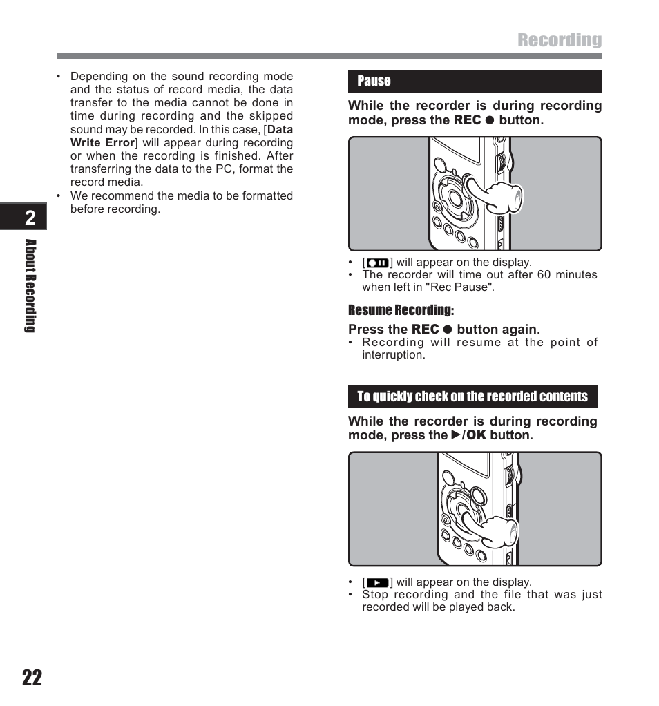 Recording | Olympus LS-10 User Manual | Page 22 / 71