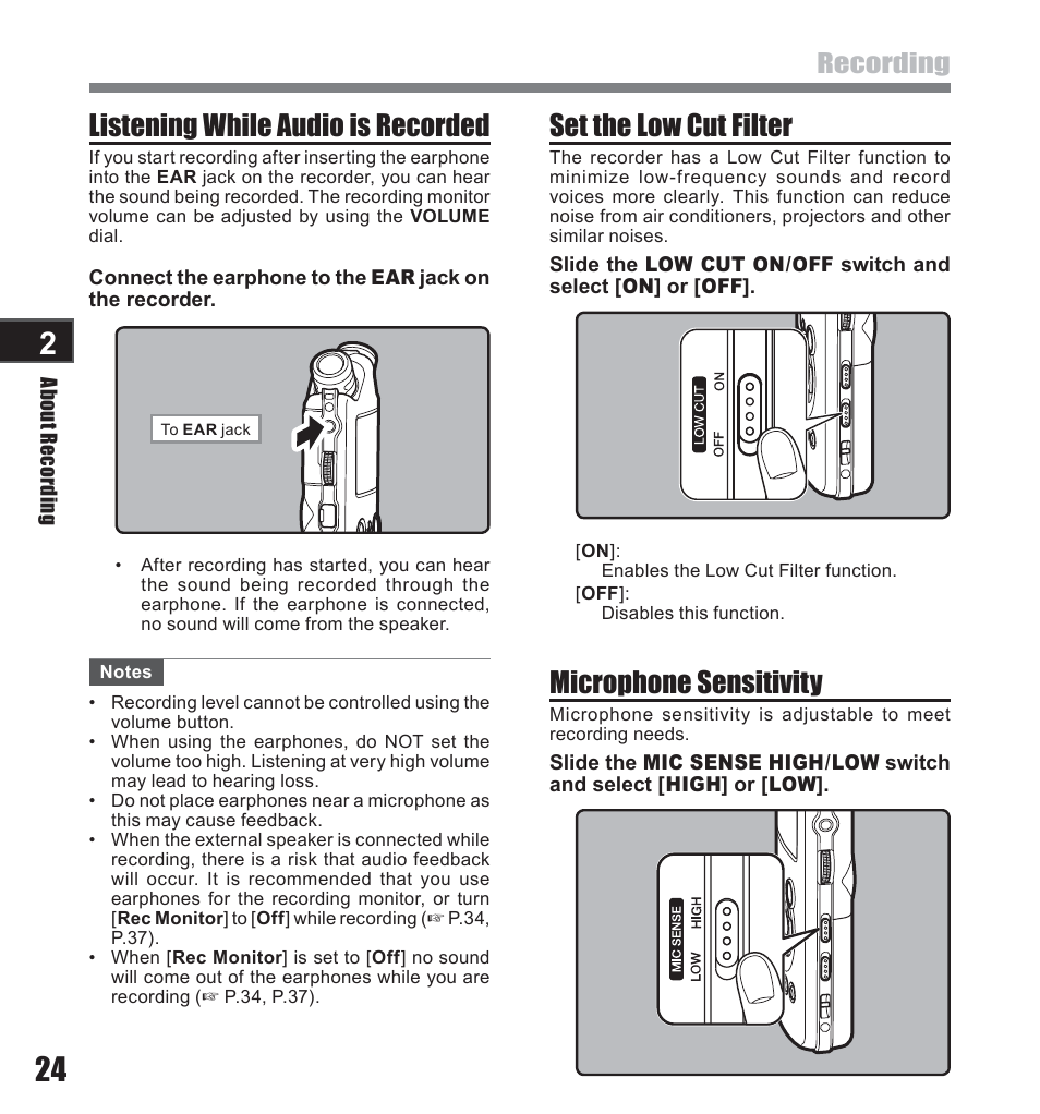 Set the low cut filter, Listening while audio is recorded, Microphone sensitivity | Recording | Olympus LS-10 User Manual | Page 24 / 71