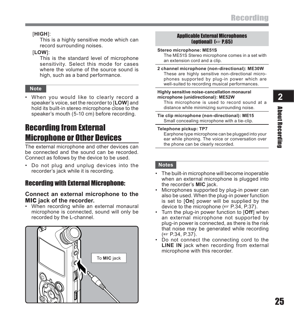 Recording, Recording with external microphone | Olympus LS-10 User Manual | Page 25 / 71