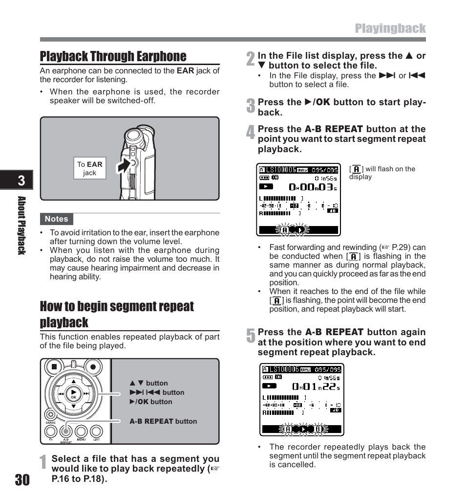 Playback through earphone, How to begin segment repeat playback, Playingback | Olympus LS-10 User Manual | Page 30 / 71