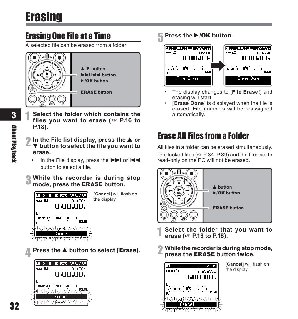 Erasing, Erasing one file at a time, Erase all files from a folder | Olympus LS-10 User Manual | Page 32 / 71