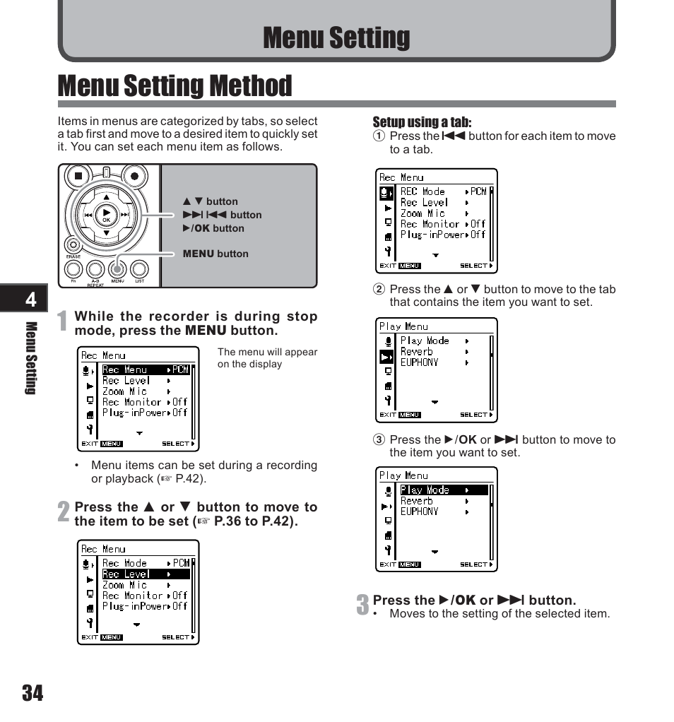 Menu setting method, Menu setting | Olympus LS-10 User Manual | Page 34 / 71
