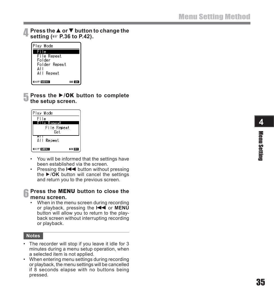Menu setting method | Olympus LS-10 User Manual | Page 35 / 71