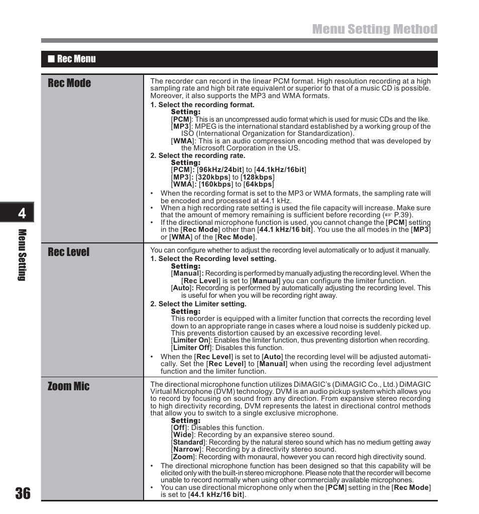 Menu setting method, Rec mode, Rec level | Zoom mic, Menu setting, 4 rec menu | Olympus LS-10 User Manual | Page 36 / 71