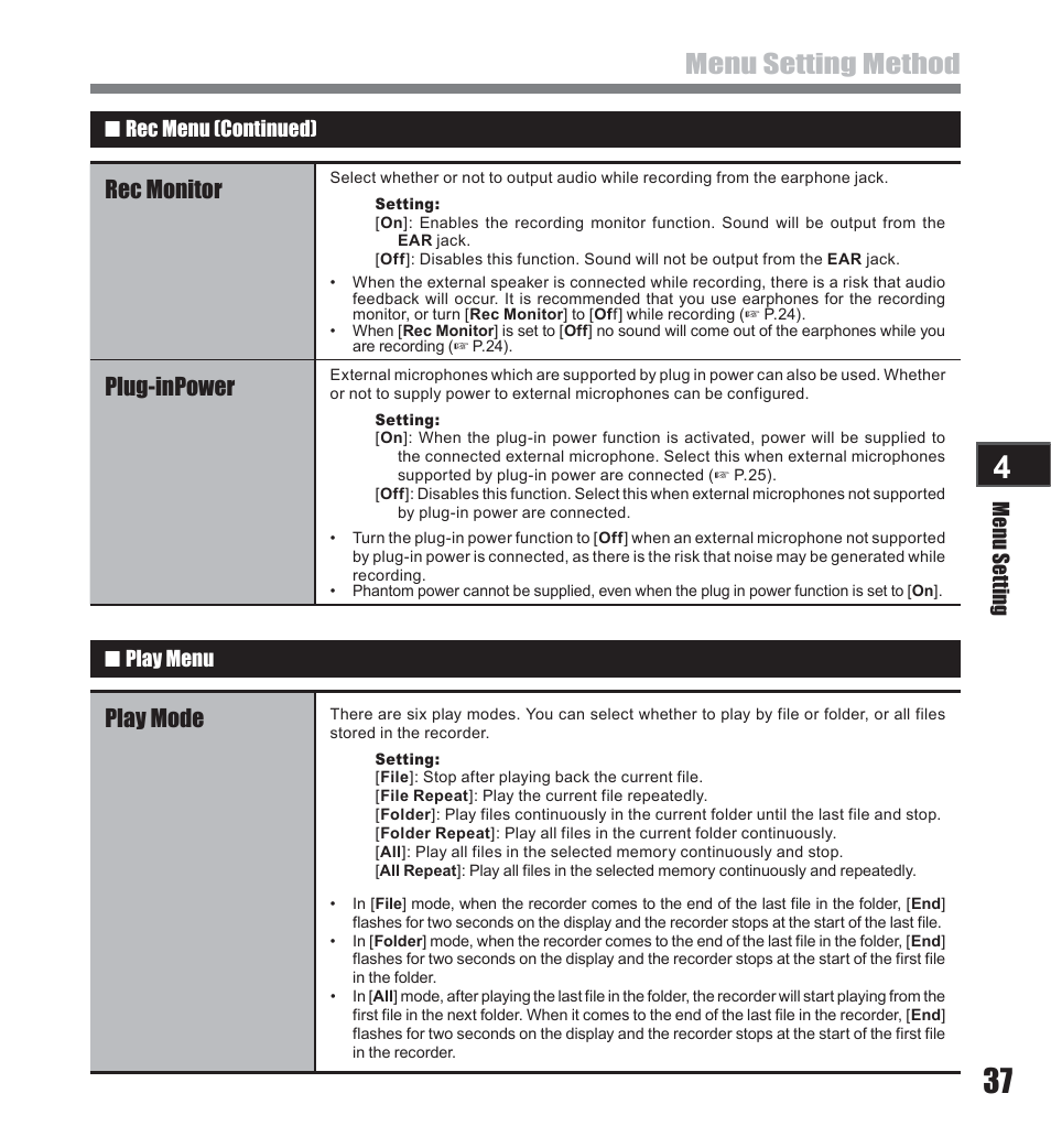 Menu setting method, Rec monitor, Plug-inpower | Play mode | Olympus LS-10 User Manual | Page 37 / 71