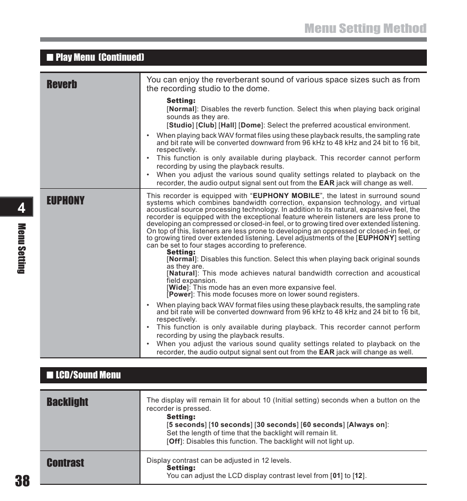 Menu setting method, Reverb, Euphony | Backlight, Contrast | Olympus LS-10 User Manual | Page 38 / 71