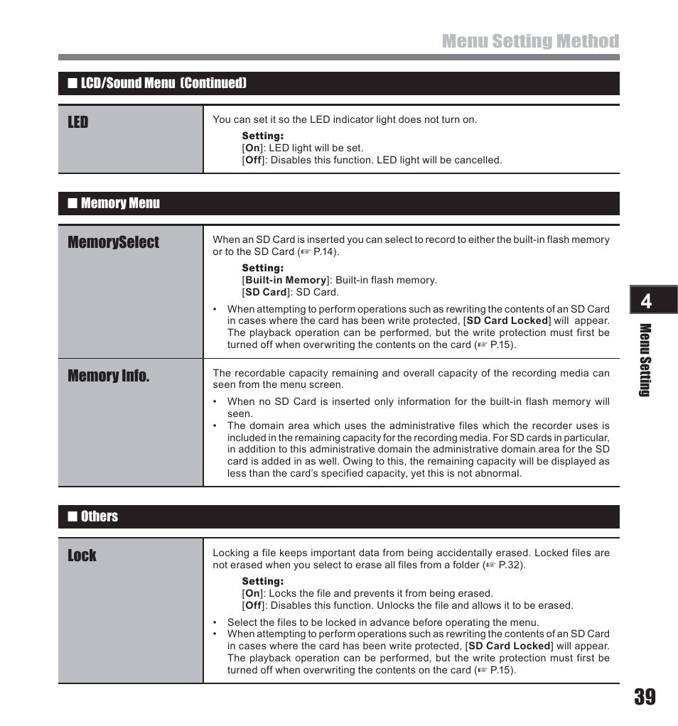 Menu setting method, Lock | Olympus LS-10 User Manual | Page 39 / 71