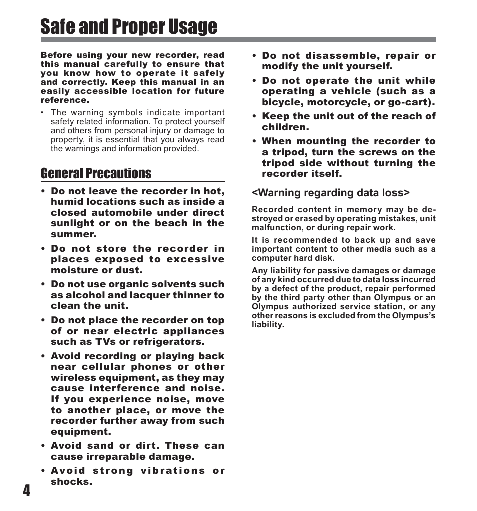 Safe and proper usage, General precautions | Olympus LS-10 User Manual | Page 4 / 71