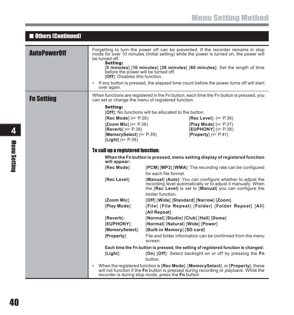 Menu setting method, Autopoweroff, Fn setting | Menu setting, 4 others (continued) | Olympus LS-10 User Manual | Page 40 / 71