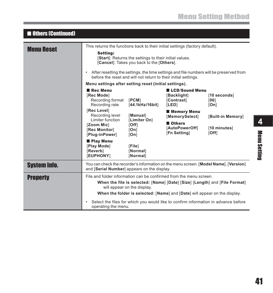 Menu setting method, Menu reset, System info | Property | Olympus LS-10 User Manual | Page 41 / 71