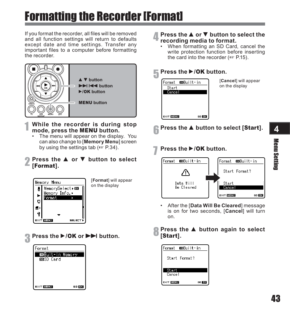 Formatting the recorder [format | Olympus LS-10 User Manual | Page 43 / 71
