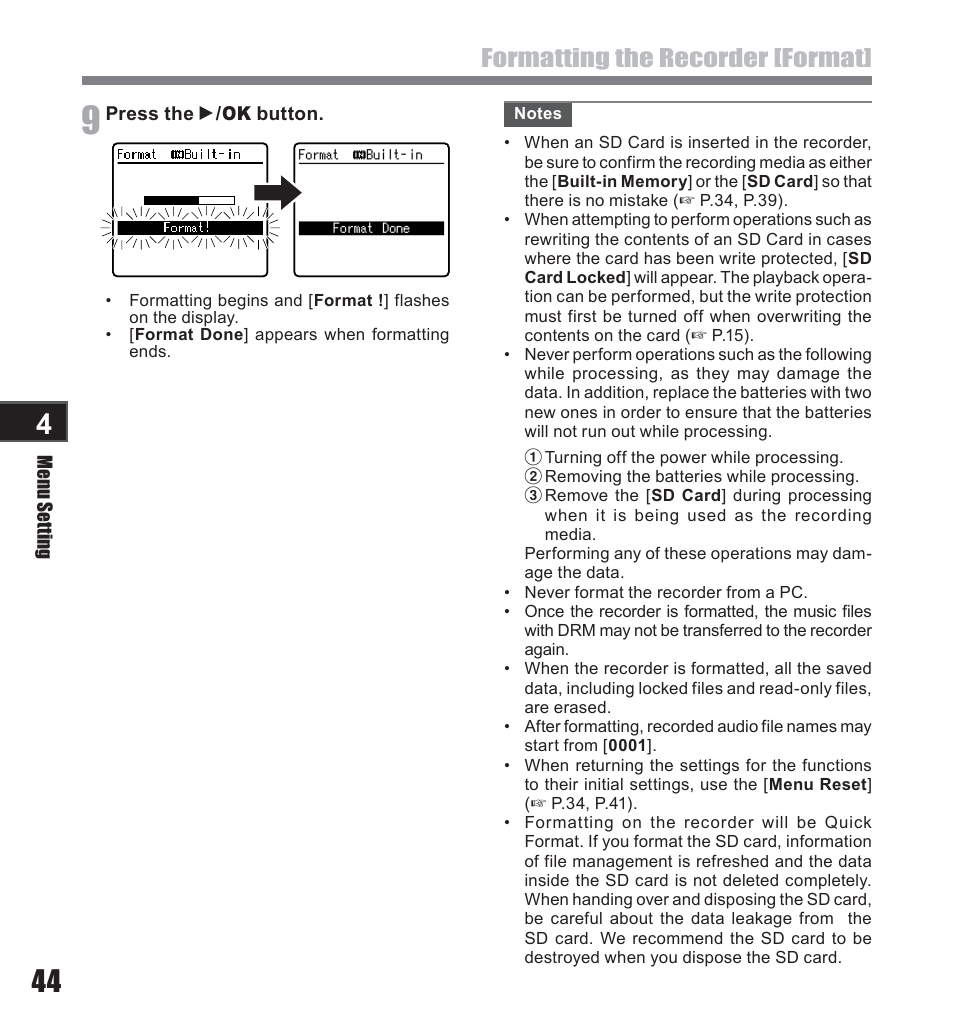 Formatting the recorder [format | Olympus LS-10 User Manual | Page 44 / 71