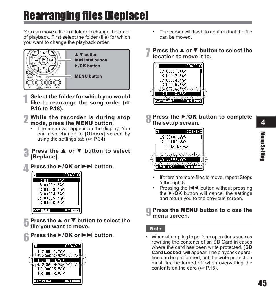 Rearranging files [replace | Olympus LS-10 User Manual | Page 45 / 71