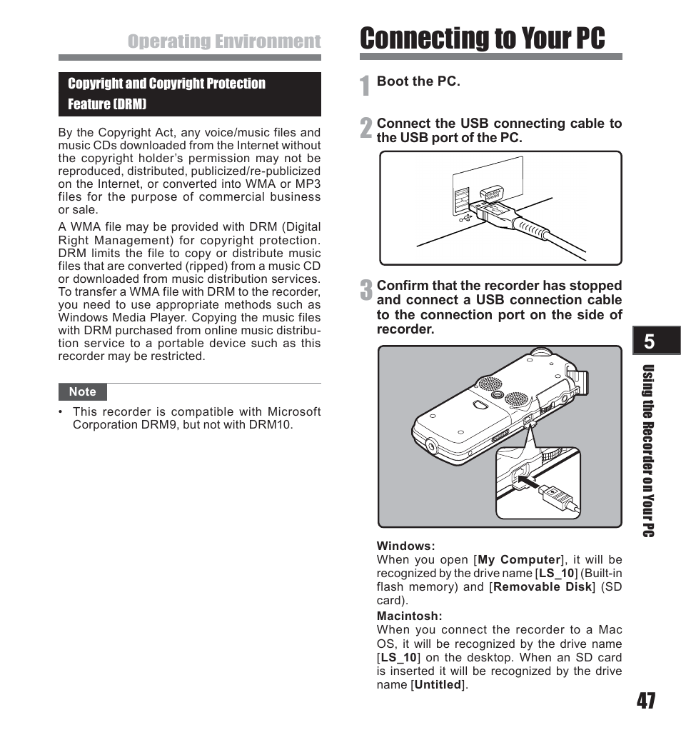 Connecting to your pc, Operating environment | Olympus LS-10 User Manual | Page 47 / 71