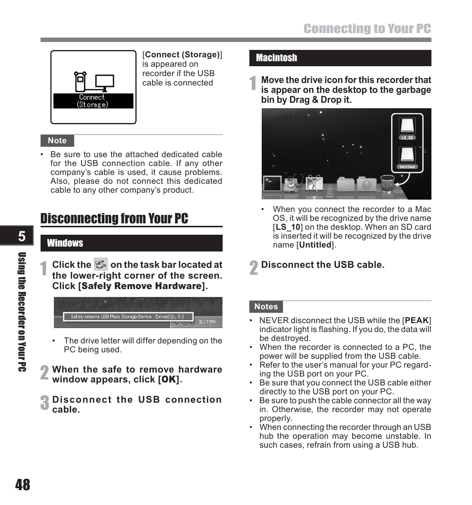 Disconnecting from your pc, Connecting to your pc | Olympus LS-10 User Manual | Page 48 / 71