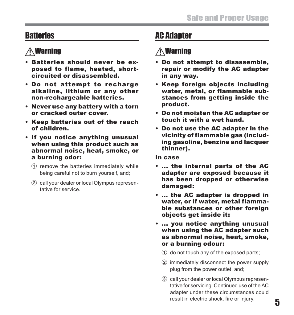 Batteries, Ac adapter, Safe and proper usage | Warning | Olympus LS-10 User Manual | Page 5 / 71