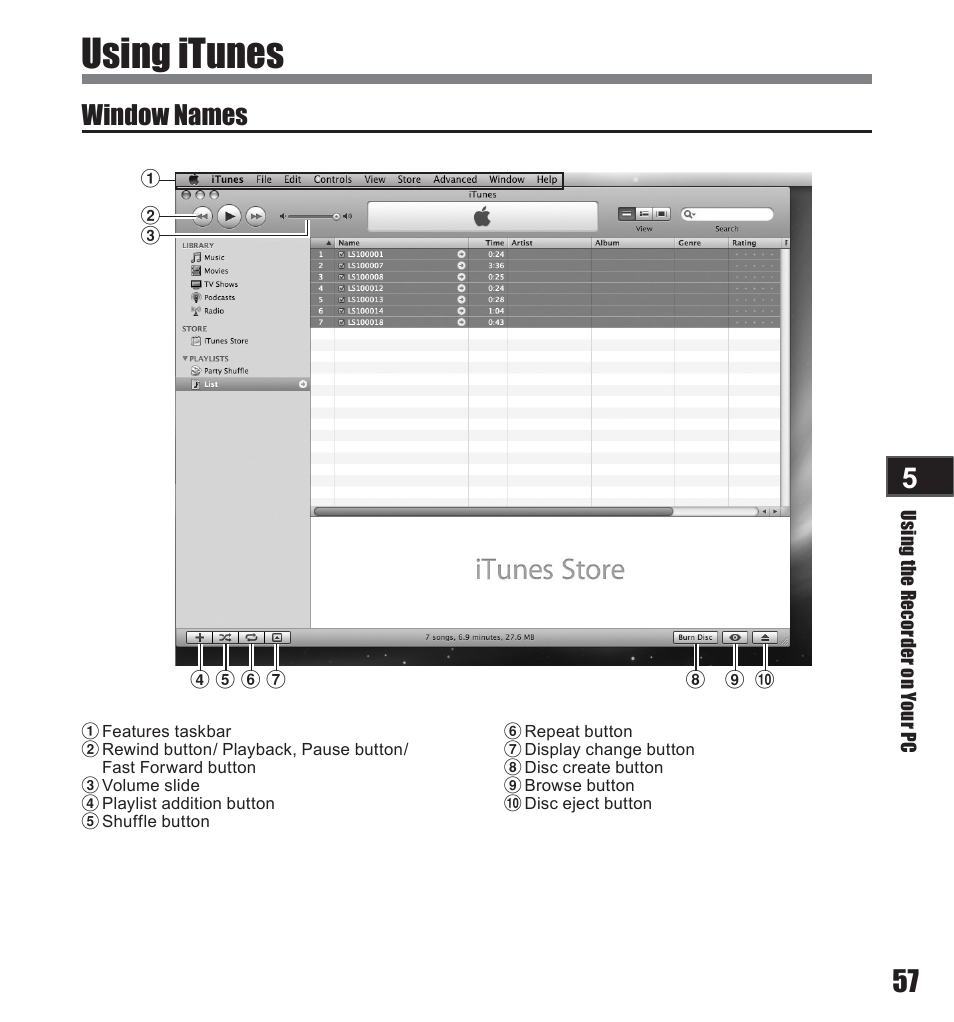 Using itunes, Window names | Olympus LS-10 User Manual | Page 57 / 71