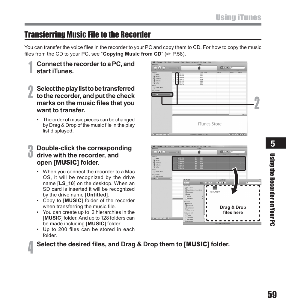 Transferring music file to the recorder | Olympus LS-10 User Manual | Page 59 / 71