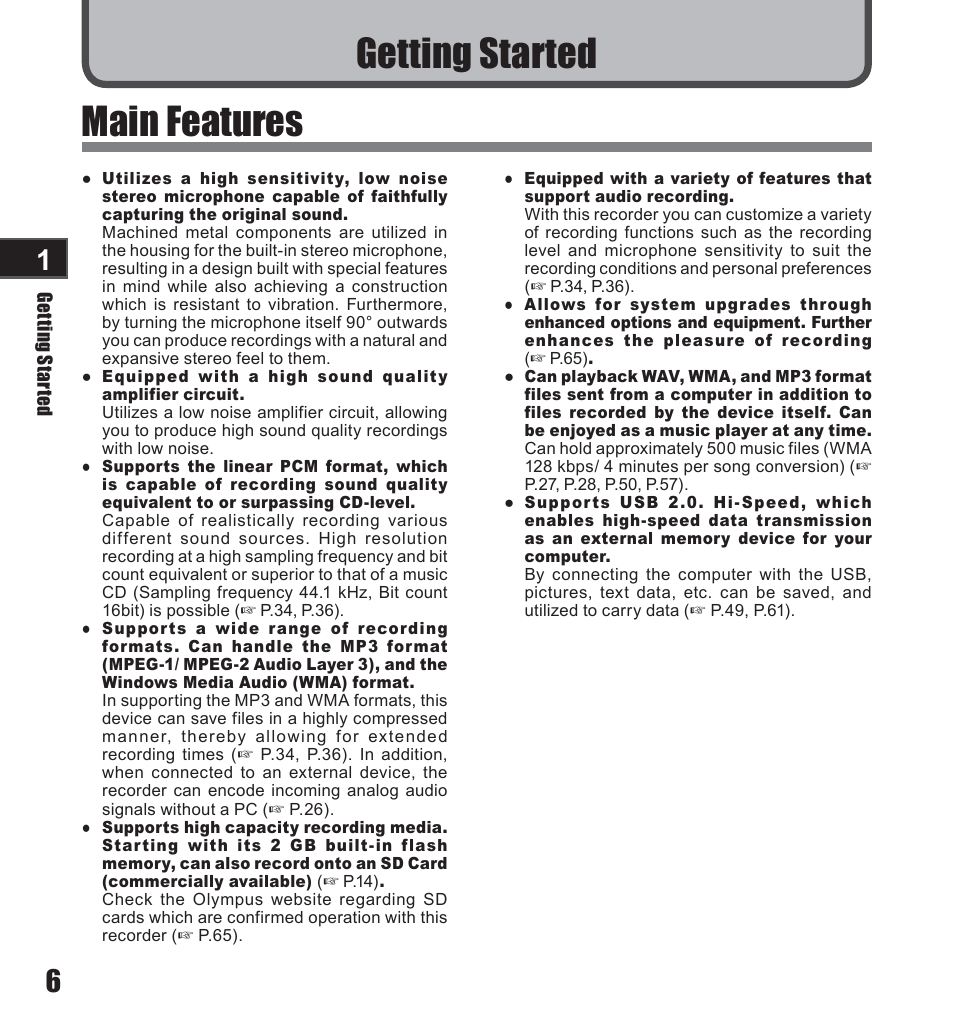 Main features, Getting started | Olympus LS-10 User Manual | Page 6 / 71