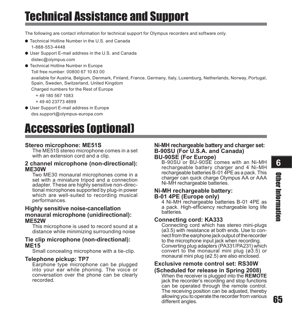 Accessories (optional), Technical assistance and support, Other information | Olympus LS-10 User Manual | Page 65 / 71