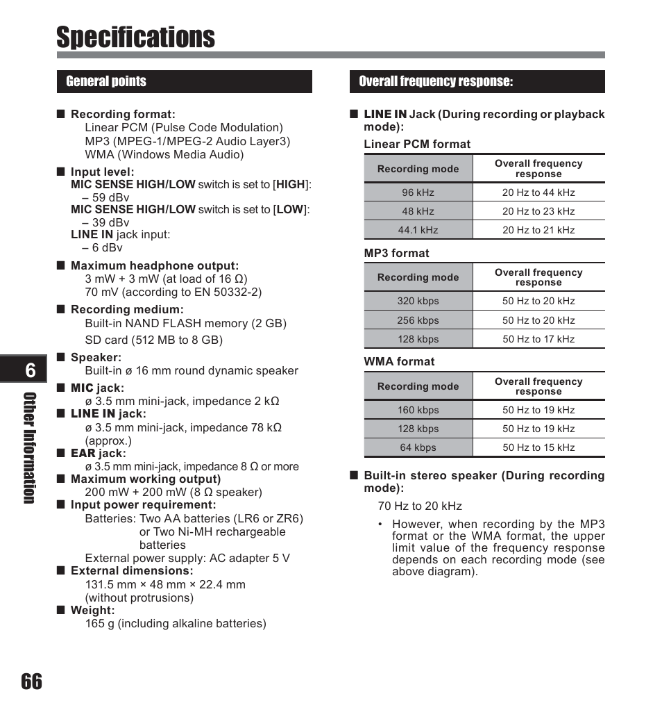 Specifications, Other information | Olympus LS-10 User Manual | Page 66 / 71