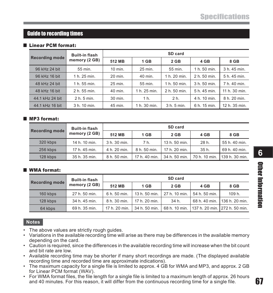 Specifications, Other information, Guide to recording times | Olympus LS-10 User Manual | Page 67 / 71