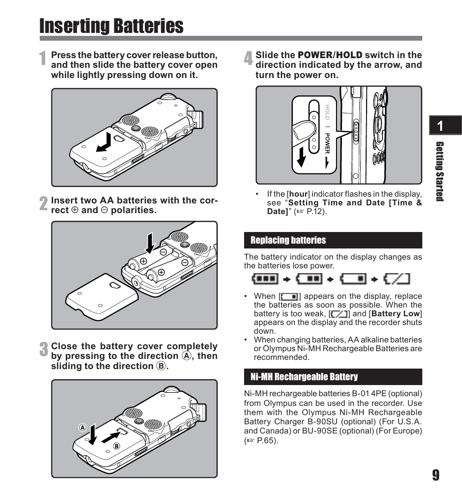 Inserting batteries | Olympus LS-10 User Manual | Page 9 / 71
