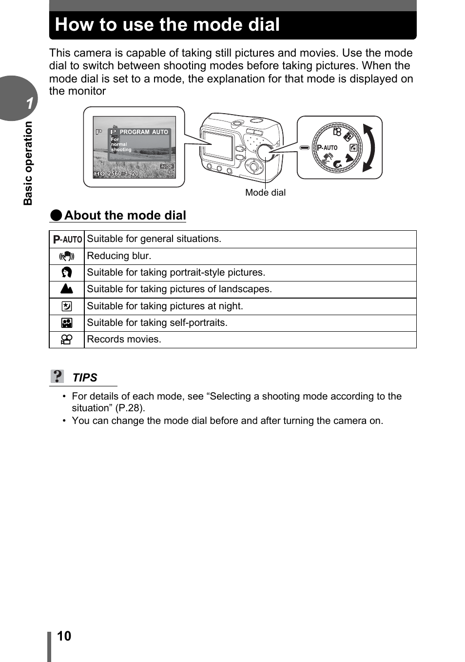 How to use the mode dial, About the mode dial | Olympus FE-115 User Manual | Page 10 / 110