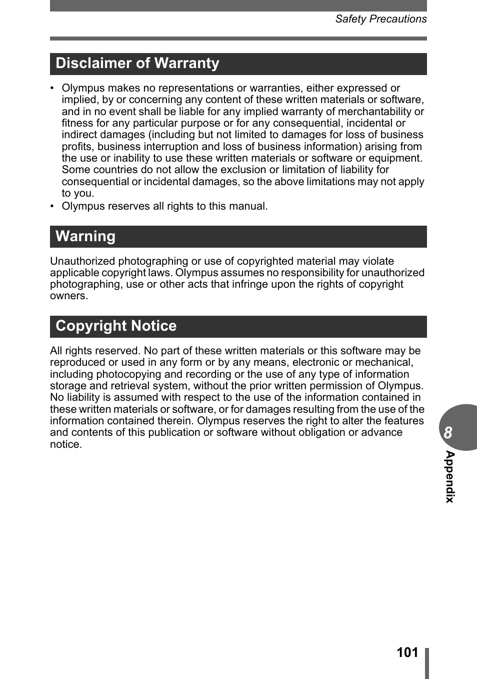 Disclaimer of warranty warning copyright notice | Olympus FE-115 User Manual | Page 101 / 110