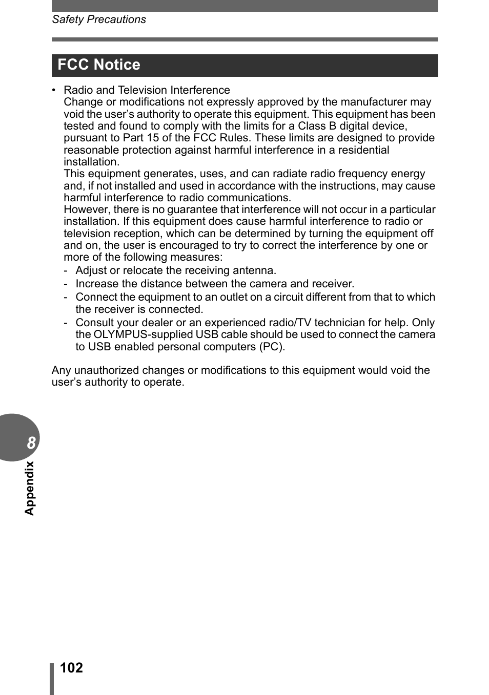 Fcc notice | Olympus FE-115 User Manual | Page 102 / 110