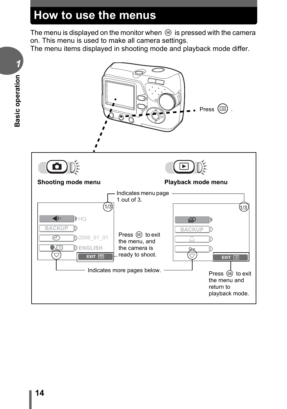 How to use the menus, G“how to use the menus, P. 14) | P. 14 | Olympus FE-115 User Manual | Page 14 / 110