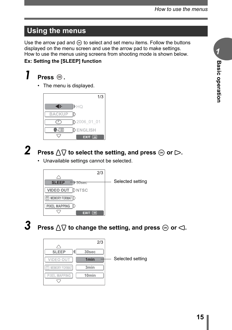 Using the menus | Olympus FE-115 User Manual | Page 15 / 110