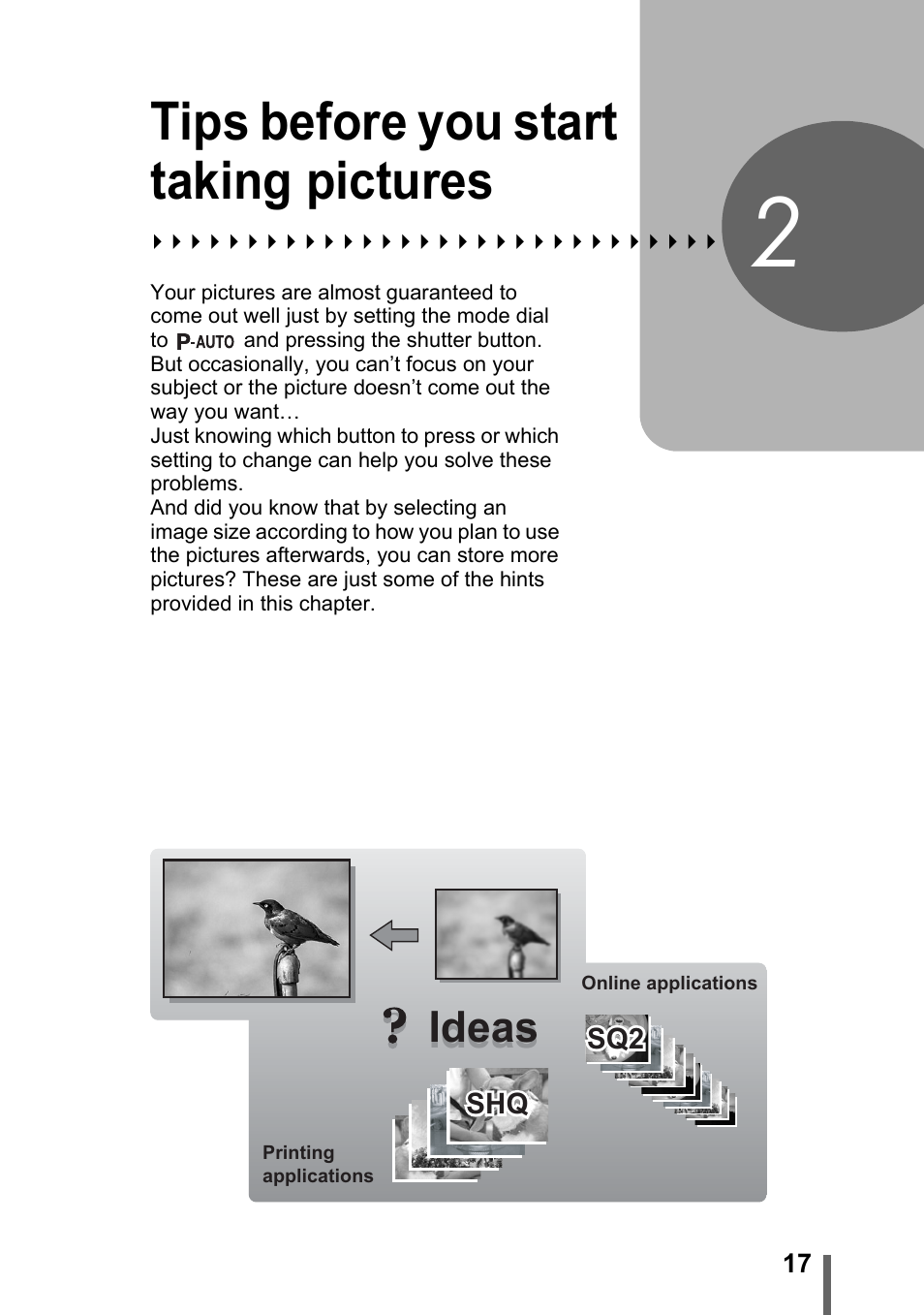 2 tips before you start taking pictures, Tips before you start, Taking pictures | P. 17, Tips before you start taking pictures, Ideas | Olympus FE-115 User Manual | Page 17 / 110