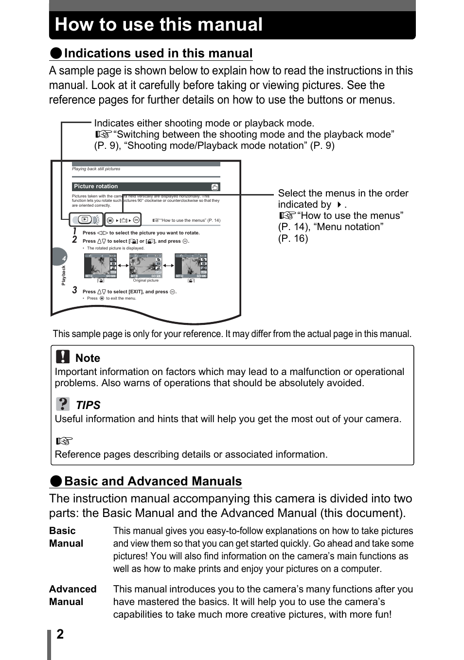 How to use this manual, Indications used in this manual, Basic and advanced manuals | Tips | Olympus FE-115 User Manual | Page 2 / 110