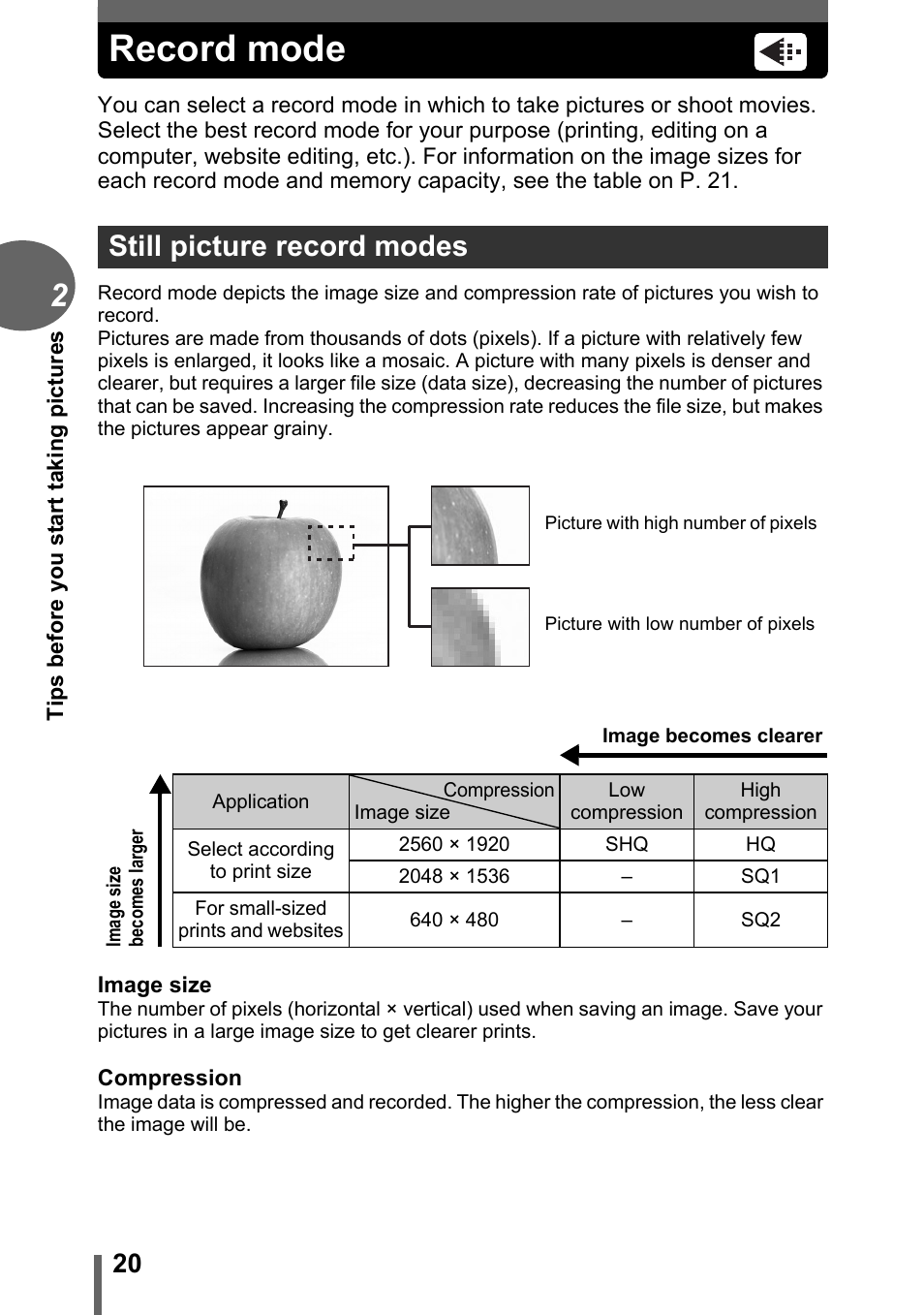 Record mode, Still picture record modes | Olympus FE-115 User Manual | Page 20 / 110