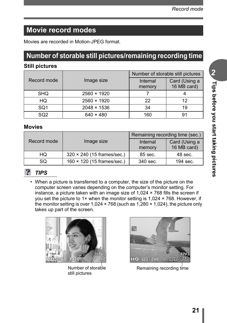 Movie record modes | Olympus FE-115 User Manual | Page 21 / 110